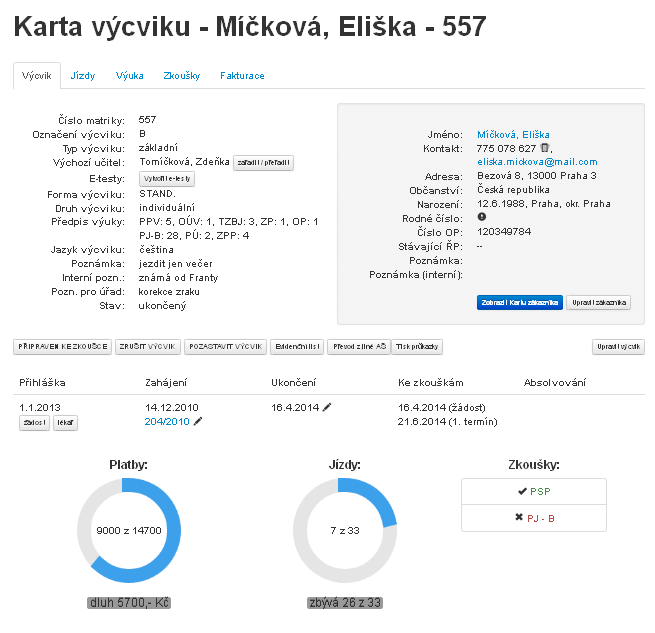 Ukázka aplikace MOJE AUTOŠKOLA - Karta výcviku